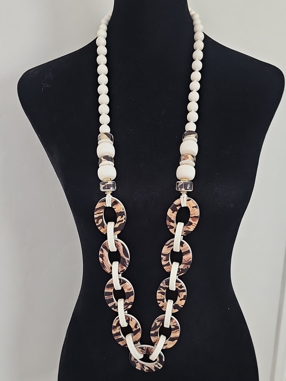 Chico's Off White and Black/Brown Link Bead Statement Necklace